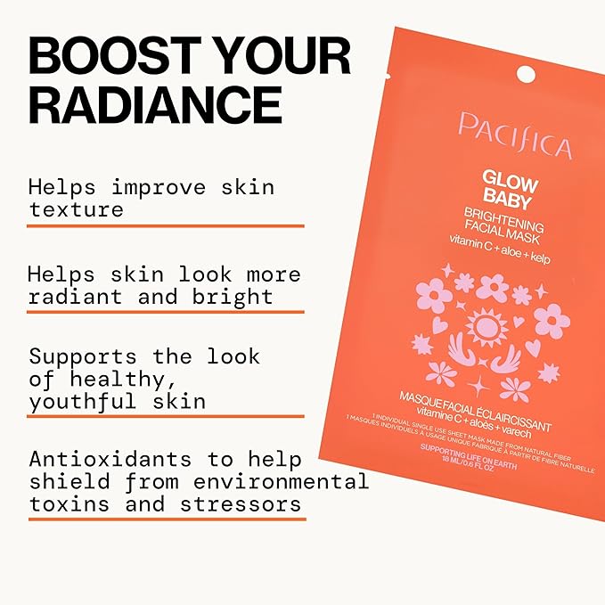 Pacifica Sheet Face Mask - 12 Pack - Glow Baby Brightening Facial Mask w/Vitamin C, Aloe & Kelp – Cooling Mask for Dark Spots & Fine Lines - Clean Beauty Vegan & Cruelty-Free Dermatologist Tested