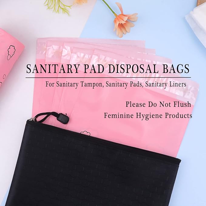 Pink Opaque Feminine Hygiene Disposal Bags - 7x12inches, Pack of 100 with Storage Bag - For Tampons & Sanitary Liners
