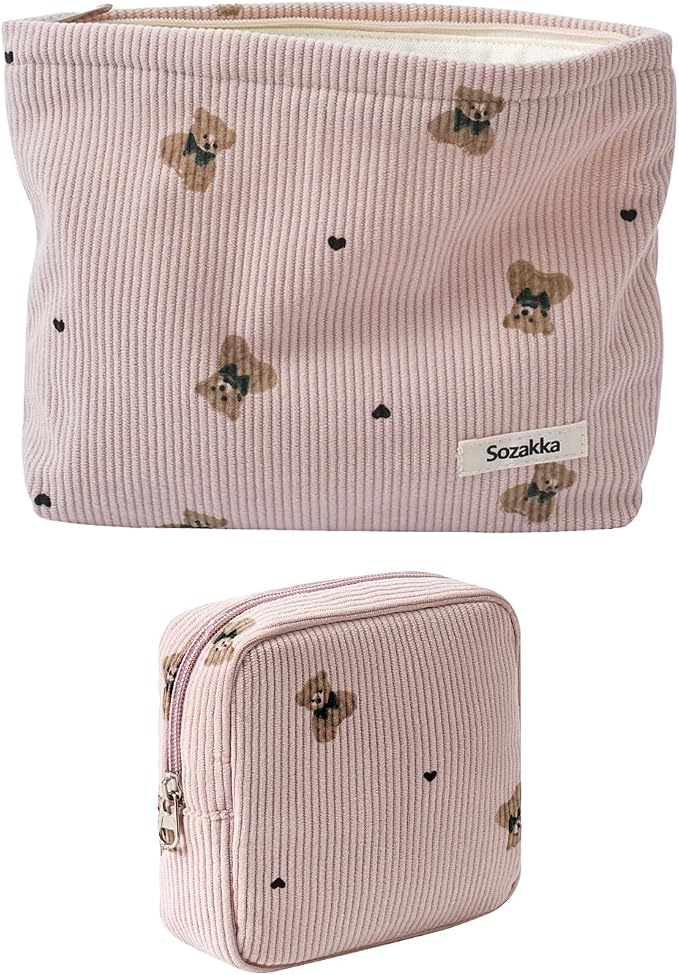 uekeboag 2Pcs Cute Small Soft Corduroy Zipper Makeup Bag for Purse, Coquette Aesthetic Pouch with Bear Pattern for Women Girls, Kawaii Travel Cosmetic Bags（Pink Set）