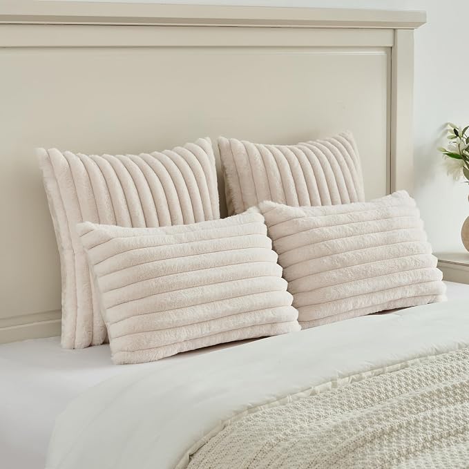 FUTEI Pack of 2 Faux Fur Throw Pillow Covers 12x20 Inch, Light Beige | Fluffy Faux Rabbit Fur Front/Premium Velvet Back,Hidden Zipper,Machine Washable,Non-Shedding,Colorfast,Insert Not Included.