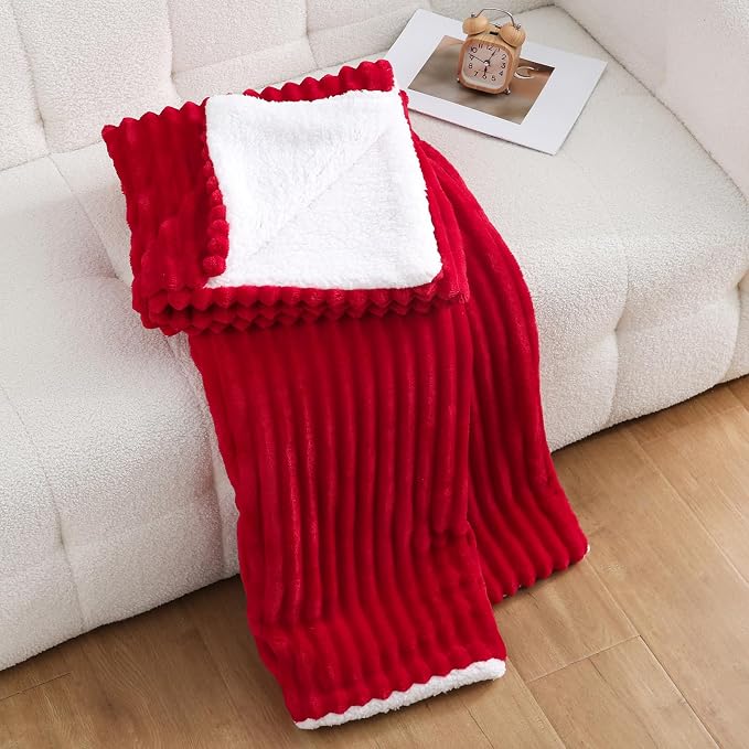 Red Sherpa Fleece Throw Blanket 90”×90”for Couch Sofa Bed | Double Side Soft Fuzzy Cozy Plush Thick Flannel Blanket with Striped Design Gift for Adults,Woman