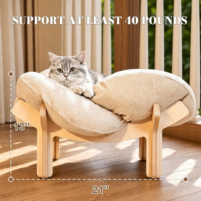 Elevated Flower Cat Bed Wooden Removable Cushion for Indoor Cats Small Dogs | Pet Couch Sofa with Fluffy Cushion, Raised Kitty Lounge Chair Suitable for Puppy, Modern Cat Furniture (White)