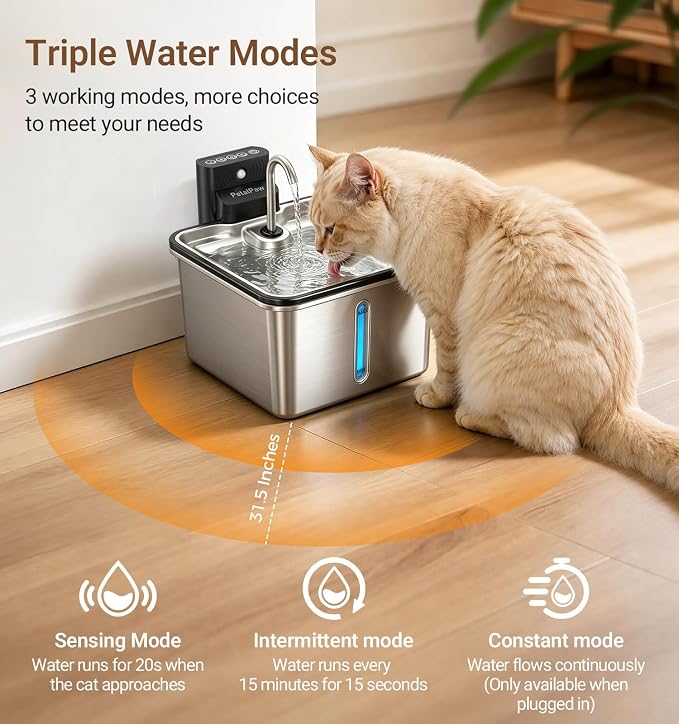 Wireless Cat Water Fountain, Water & Battery Separation, Faucet Design | PETALPAW Cat Fountain Stainless Steel, 4000mAh, 3.5L Cordless Pet Water Dispenser for Indoor Cats & Small Dogs, Silver