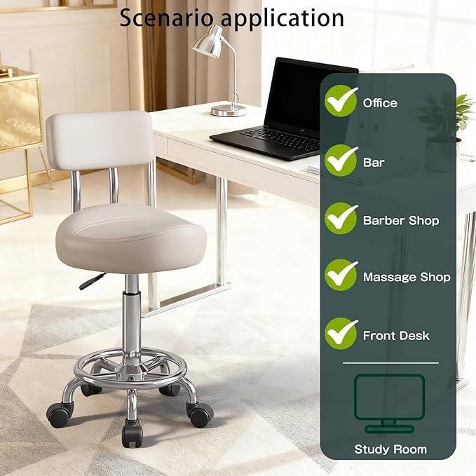 Saddle Stool with Back and Ring Pedal, Adjustable Hydraulic Rolling Chair with Wheels for Salon, Spa, Medical, Massage & Drafting Use White