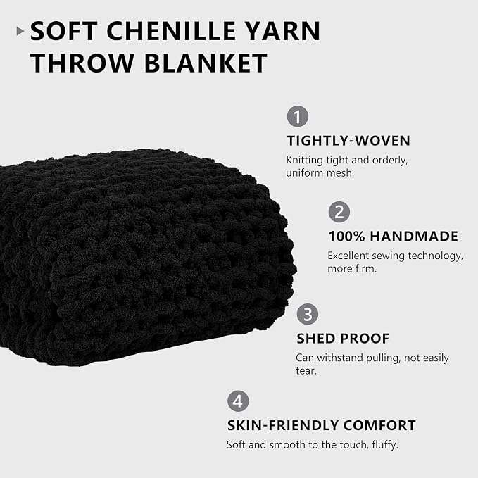 L'AGRATY Chunky Knit Throw Blanket for Couch, 60'' x 80'' Knit Throw, Black | Handmade Chenille Crochet Blanket for Sofa Bed, Thick Cable Knitted Blankets for Room Home Decor, Birthday Gift for Women Mom