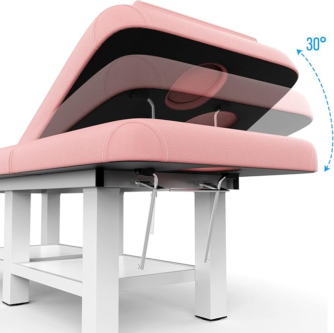 pouseayar 31.5'' Wide × 75'' Long Stationary Massage Table with Backrest and Storage Space for Treatment Table Physical Therapy Table Spa Facial Bed, 6 Square Legs Metal Frame PU Leather - Pink