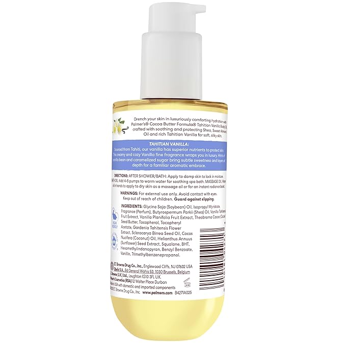 Palmer's Cocoa Butter Formula Body Oil, Moisture Drenching Tahitian Vanilla, 6.5 Oz, 72Hr Hydration with Shea Butter & Vitamin E for Softer Skin, Protects & Soothes Dryness, Dermatologist Approved