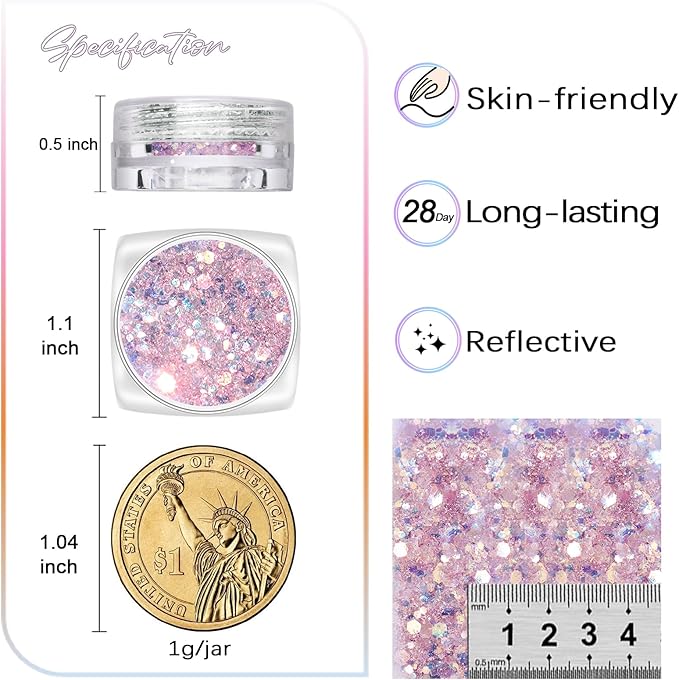 Laza 8 Colors Nail Art Glitter Diamond Dust Iridescent Nail Powder Chunky Glitter Confetti Foil Flakes Sequins for Nail Art Supplies, Gel Polish, Mermaid Makeup, Body, Resin — Glittering Iridescence
