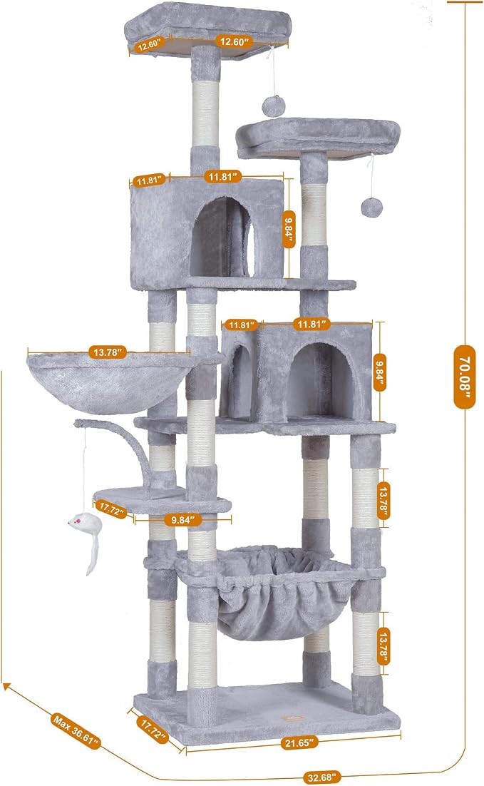 Heybly Cat Tree, 70 inches Tall Cat Tower for Indoor Large Cats HCT032W | Big Cat Condo with Toy , Cat House Furniture with Padded Plush Perch, Cozy Hammock and Sisal Scratching Posts, Light Gray