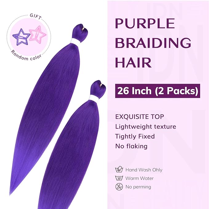 IDN BEAUTY Purple Braiding Hair Pre Stretched Purple Hair Extensions for Braids as Rumi Hair, Long Synthetic Yaki Texture Braiding Hair for Halloween Costume Cosplay Stage Party, 26 Inch (Pack of 2)