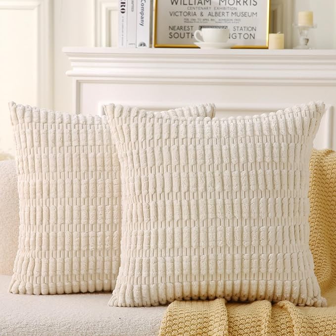 2 Pack Corduroy Decorative Throw Pillow with Inserts, 20x20 Inch Soft Boho Throw Pillow, Square Striped Throw Pillows for Couch, Bed, Sofa Decor (Beige)