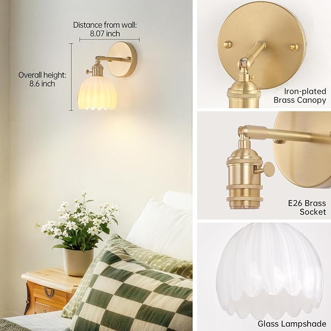 Shenmoyl Vintage Battery Operated Wall Sconce with White Tulip Glass Lampshade Rechargeable Battery Powered Wall Light with Remote Control for Bedside Bedroom Doorway, Set of 2