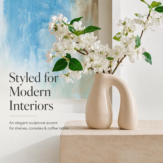 Cream White Ceramic Vase for Pampas, Boho Shelf & Table Decor | Holds Dried Stems and Faux Florals - Sculptural Accent for Mantel, Console and Entryway