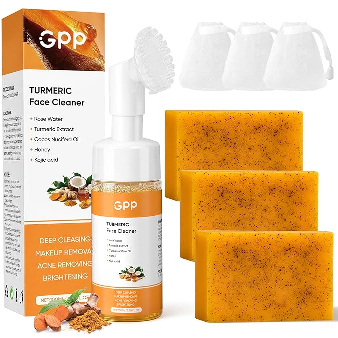 4Pcs Turmeric Soap & Turmeric Face Wash with Brush Skin Care Set, Lemon Turmeric Soap for Face & Body, Daily Facail Cleanser for All Skin Types, Deep Cleansing Turmerics Wash and Care Set