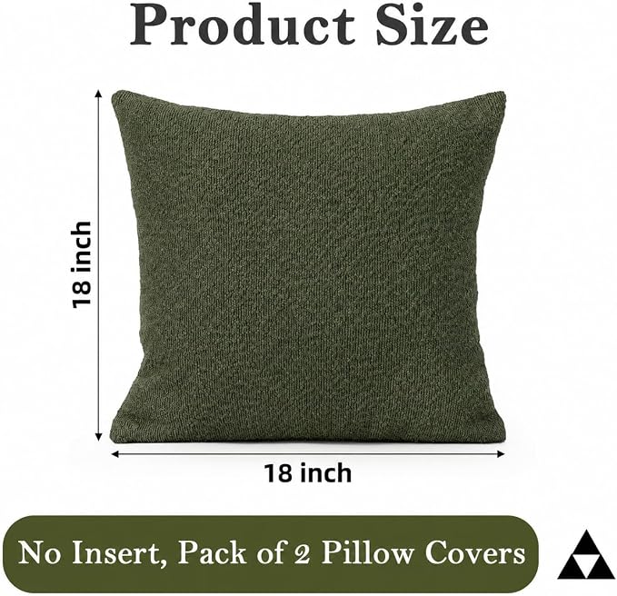 JoraLion 18x18 inch Boucle Throw Pillow Covers, Army Green Woven Texture Neutral Pillow Cover Breathable Cushion Case for Couch Sofa Bed Living Room Home Decor, Pack of 2, No Insert