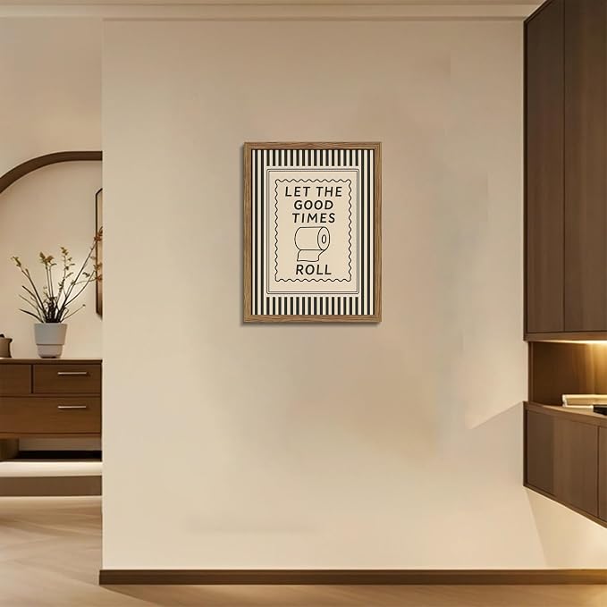 Framed Let The Good Times Roll Bathroom Print, Vintage Funny Toilet Quote Canvas Wall Art, Stripes Bathroom Picture Poster, Downstairs Toilet Painting Wall Decor 16x24 inch