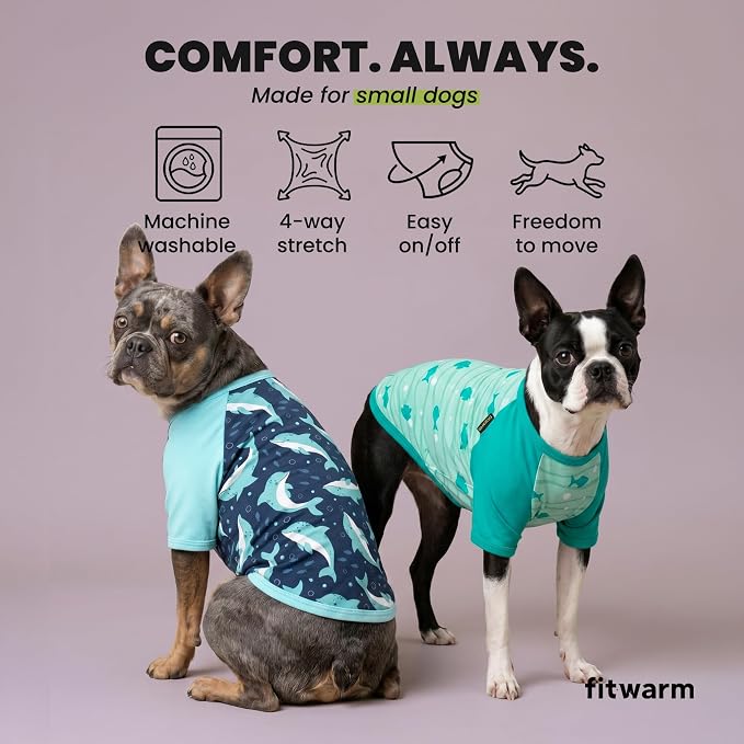 Fitwarm 2 Pack Dolphin & Fish Dog Shirt, Hawaiian Summer Clothes for Small Dogs Boy Girl, Lightweight Pet Outfit, Tea Blue, Green, Small