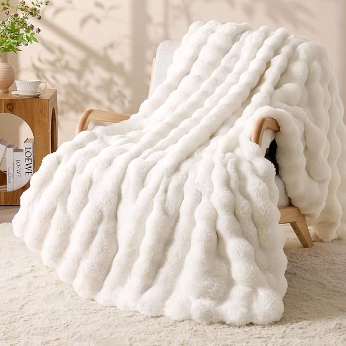 BEDELITE Faux Fur Throw Bubble Blanket for Couch, 50" x 60", Cream | 870GSM Soft Cozy Plush Blanket for Sofa & Bed Living Room Decor, Warm Fuzzy Faux Rabbit Fur for Women Gift, All Season Use