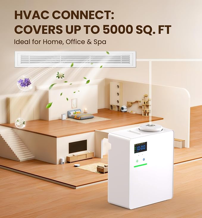 Waterless Essential Oil Diffuser with 2 x 100ML Oils, 5000 Sq.Ft Whole House Scent Machine, 200ml Cold Air Fragrance Diffuser with Bluetooth App Control for Home Hotel Office, White