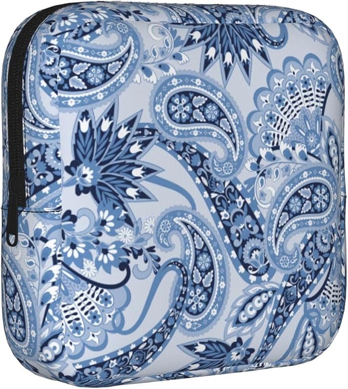 Paisley Flowers And Leaves Blue Bohemian Boho Floral Period Bag For Women,Portable Sanitary Napkin Period Pad Pouch For Purse, Small Make Up Bags