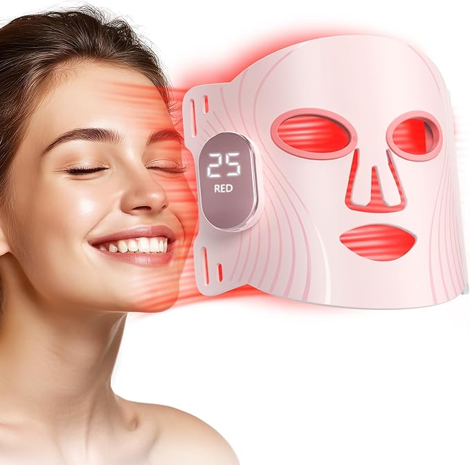 HALIDODO Red Light Therapy for Face, 4 Modes LED Face Mask Light Therapy, 2000mAh Cord-Free Controller with 400 LEDs, Blue, Orange, 850nm Near-Infrared Light Mask with Timer Function at Home (Pink)