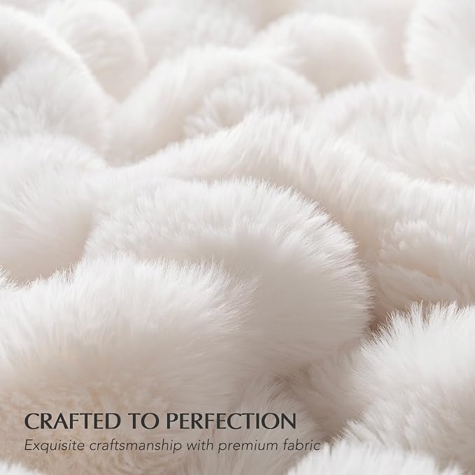 Faux Rabbit Fur Bubble Throw Blanket, 90"x90", Ivory White | Ultra Soft, Luxury Faux Rabbit Fur Throw, Thick Warm Bubble Blanket, Cozy Fluffy Reversible, for Bed, Couch, Chair, Sofa
