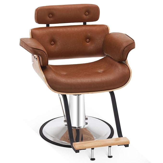 BarberPub Bend Wooden Salon Chair Hydraulic Chair Hair Cutting Beauty Spa Styling Equipment 8261(Brown)