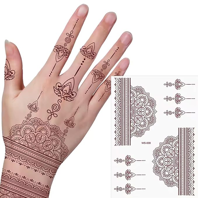 6 Sheets Henna Tattoos Temporary Stickers Reddish Brown Floral Geometric Waterproof Henna Tattoos for Women Indian Diwali Supplies Wedding Party Festivals Decoration