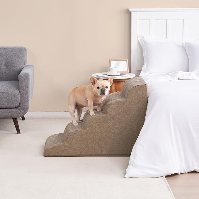 EHEYCIGA Curved Dog Stairs Ramp, 5-Step Extra Wide High Beds, Dog Steps | 33D density of pure foam, for Small Dogs and Cats, Pet Stairs for High Bed Climbing, Non-Slip Balanced Indoor, Camel