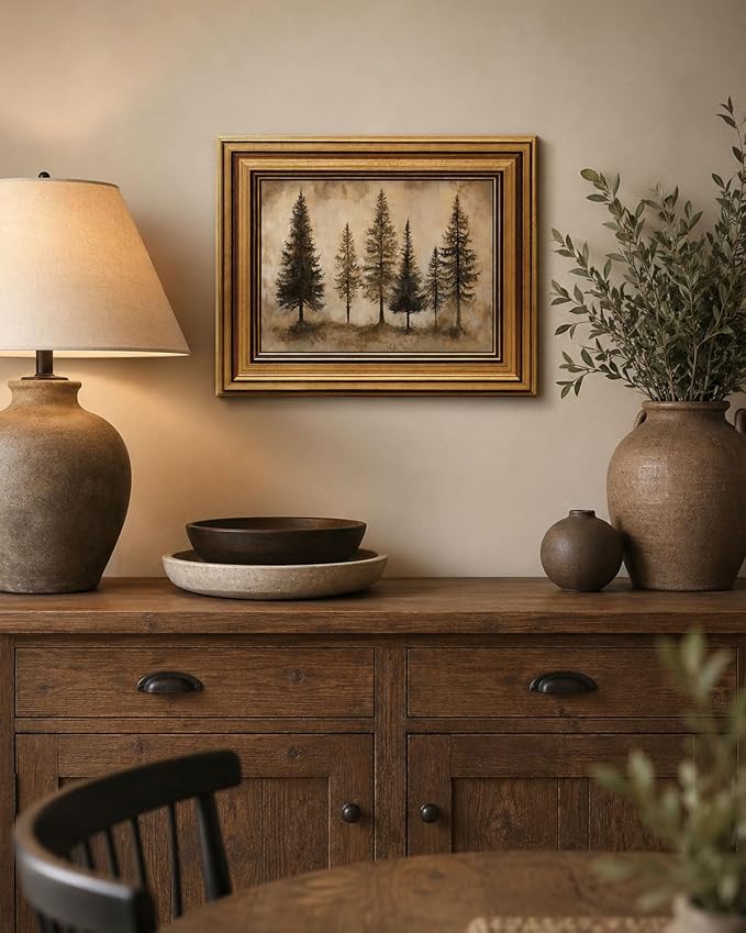 Gold Framed Wall Art, Vintage Pine Trees Canvas Prints, Rustic Nature Woodland Landscape Picture Wall Decor, Country Farmhouse Cabin Artwork for Living Room Bedroom 9x11 inch