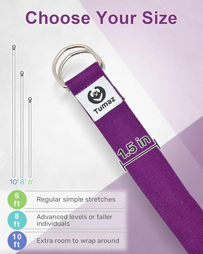 Tumaz Yoga Strap/Stretch Bands [15+ Colors, 6/8/10 Feet Options] with Extra Safe Adjustable D-Ring Buckle, Durable and Comfy Delicate Texture - Best for Daily Stretching, Physical Therapy, Fitness