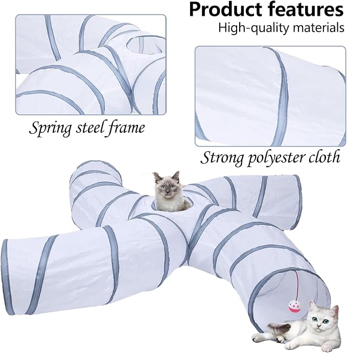 EGETOTA Cat Tunnel for Indoor Cats Large, with Play Ball S-Shape 4 Way Collapsible Interactive Peek Hole Pet Tube Toys, Puppy, Kitty, Kitten, Rabbit (S4 - White & Grey)