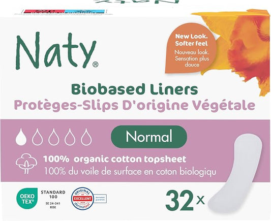 Naty Daily Panty Liners for Women, Normal, Wrapped, 32 Count | 100% Organic Cotton top Sheet, Certified Skin-Safe, Thin, Unscented, Absorbent Protection, Comfortable & Breathable