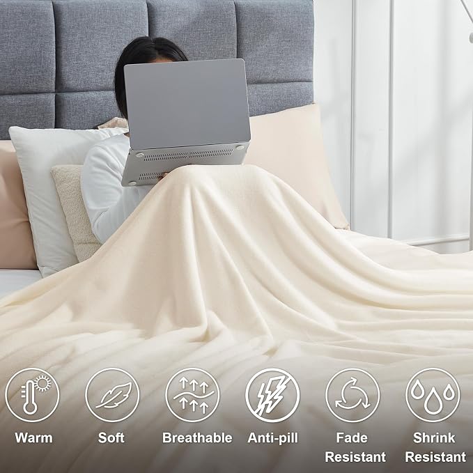 Hansleep Throw XL Beige Fleece Blanket, Soft Flannel Bed Blanket | Fuzzy Cozy Blanket 50x70 Inches, Multi-use for Bed, Sofa, Couch, Travel, Camping, All Season Warm Lightweight Cover