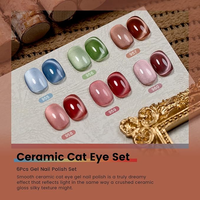 RARJSM Ceramic Cat Eye Gel Nail Polish Set 6 Pcs Smoothie Silver Glitter Shimmer Amber Jelly Sheer Green Blue Orange Wine Red Velvet Cateye Gel Polish with Magnetic Stick UV LED Curing Require Winter