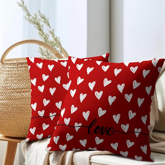 Kawani Valentine's Day Throw Pillow Covers 16x16 Inch Set of 2 Romantic Love Hearts Red Pillowcase Cotton Linen Couch Cushion Case with Hidden Zipper Closure for Wedding Anniversary Decor