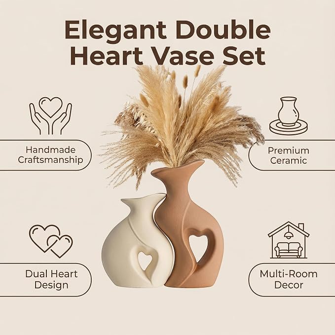 Beige and Brown Ceramic Vase Set of 2，Heart Shaped Home Decor | Nordic, Modern, Table Centerpiece Dining Living Room Office Coffee Table Wedding House Decoration, H 8.5 Inches