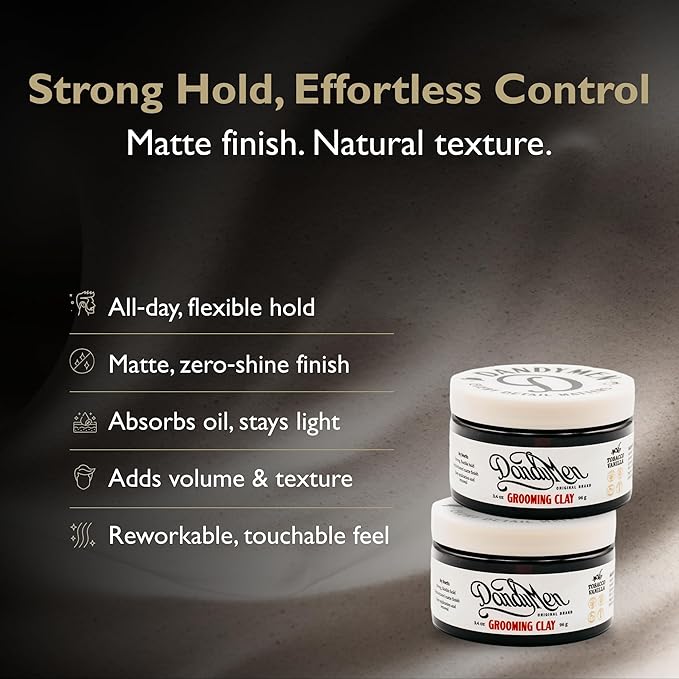 DandyMen Grooming Clay – Strong Hold, Natural Matte Finish, and Flexible Styling with Kaolin Clay & Beeswax – Tobacco Vanilla Scent – 3.4 oz (2-pack)