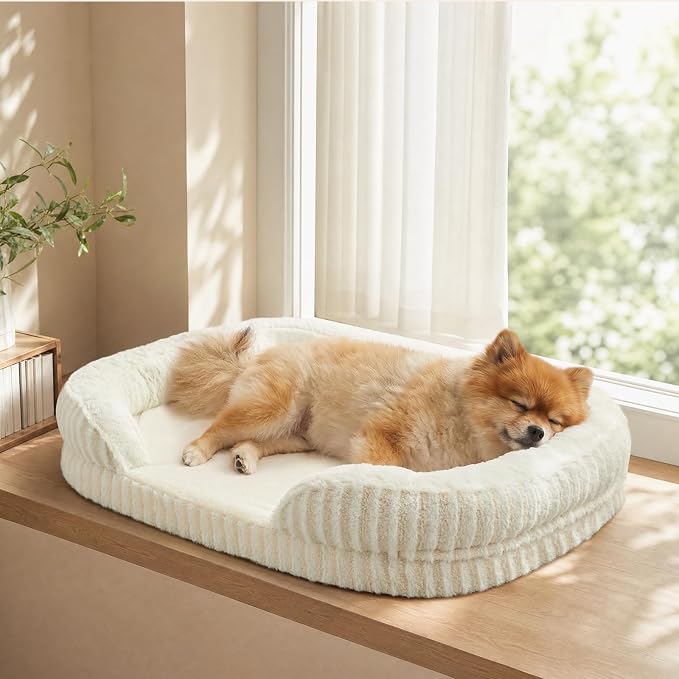 MIXJOY Orthopedic Dog Beds Large Sized Dog,Extra Large Washable Dog Bed Waterproof Oval Dogs Bed with Removable Cover,Egg-Crate Foam Big Pet Bed Couch with Bolster,Non-Slip Bottom,XL 42"X32",White
