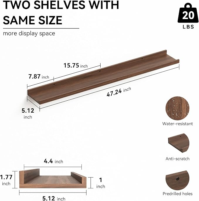 Boswillon Floating Shelves Set of 2, Long Wall Shelf with Lip, 48in, Walnut | Display Ledge Shelf for Room Wall, Wall Decor Shelves for Bathroom, Living Room, Bedroom, Kitchen, Nursery Room, Rustic, Wood