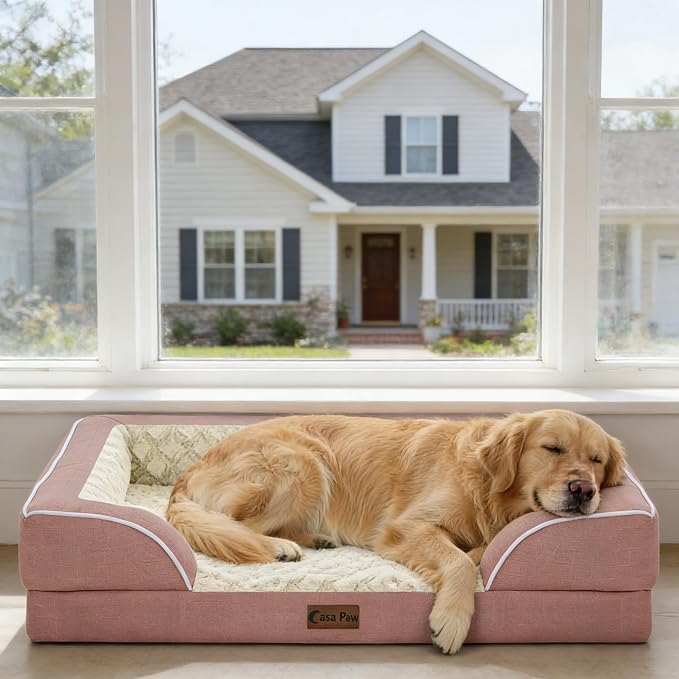 Orthopedic Washable Dog Bed for Medium Dogs, 35x22in, Pink | Orthopedic Foam Eases Joint Pressure, Bolsters Supports Head And Neck, Washable Pet Beds, Removable Cover, Non-Slip Bottom