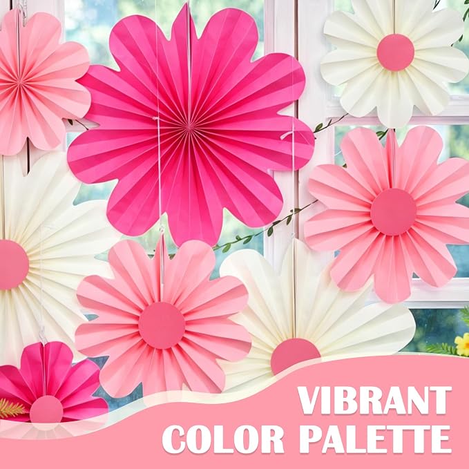 SUNBEAUTY Paper Flowers Decorations Pink Daisy Paper Flowers Decorations for Wall Hanging Paper Fans Decoration Floral Backdrop Decor for Birthday Wedding Baby Shower Classroom Decoration Set of 9
