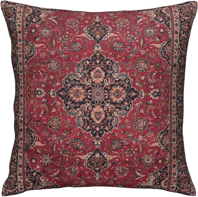 Central Red Persian Silk Rug Print Pillow Covers Decorative Square Throw Pillowcase 18x18 Inch Couch Cushion Cover for Home Decor Living Room Bedroom College Dorm Bed Car Sofa