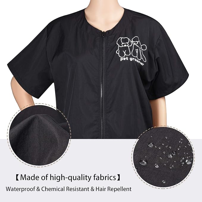 Noverlife Short Sleeve Pet Grooming Work Clothes with Full Zipper, M Size | Anti-Static & Splash Proof Pet Beautician Uniforms, Hair Repellent Smock & Trousers for Professional Dog Cat Grooming Salon