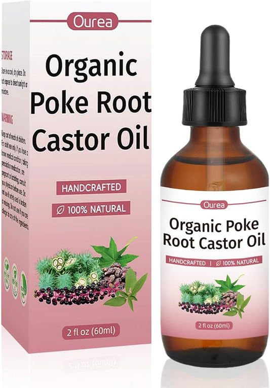 Poke Root Castor Oil Organic - 2 Fl Oz - Lymphatic Support Massage Liquid, Supports Boils, Fibroids, Cysts, Swollen Lymph Nodes, Breast & Joint Health, Natural Deep Tissue Relief Drops