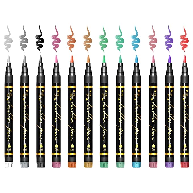 Temporary Tattoo Markers for Skin, 12 Metal Body Markers + 169 Large Tattoo Stencils for Kids Adults, Flexible Brush Tip, Bright Colors, Cosmetic-Grade Tattoo Ink, DIY Body Art Painting for Women Men