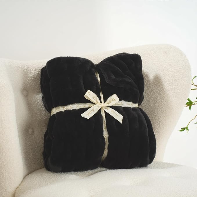 BATTILO Soft Faux Fur Throw Blanket for Couch, Double Side, 60"x80", Black | Black Throw Blanket, Bubble Blanket, Cozy Warm Fluffy Faux Fur Blanket For Bed, Sofa Living Room