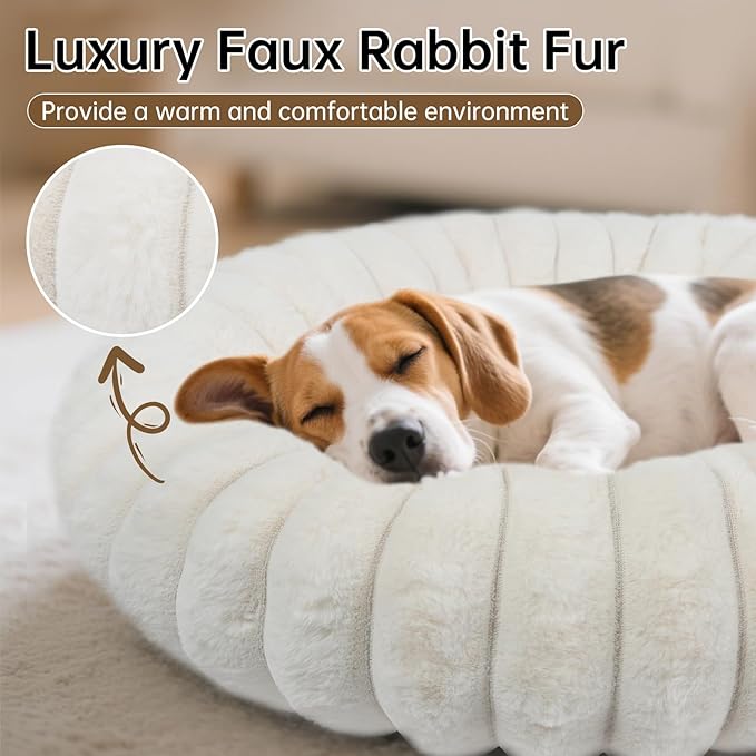 Donut Dog and Cat Bed, Luxurious Comfortable Faux Rabbit Fur Pet Beds, Round Anti-Anxiety Calming Puppy Kitten Bed with Anti-Slip Bottom for Small Medium Dogs & Cats(20", White)