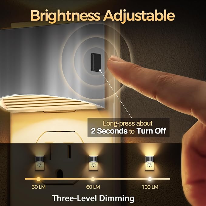 Night Light, Night Lights Plug into Wall, Adjustable, 3000K | 3 Level Brightness Adjustable Plug in Night Light, Dusk to Dawn Sensor Nightlights for Adults, Bedroom, Hallway, 2 packs