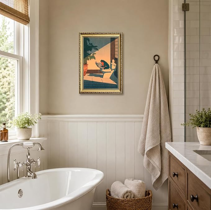 Funny Frog Bathroom Wall Art, Cute Japanese Frog in Toilet Wall Decor, Whimsical Green Animal Restroom Poster Canvas Painting Prints Artwork 16x24 inch Gold Framed